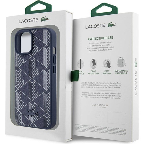 Apple iPhone 15 Uyumlu Kılıf Lacoste Orjinal Lisanslı Magsafe Şarj Özellikli PU Deri Görünümlü Karışık Monogram Desenli Kapak