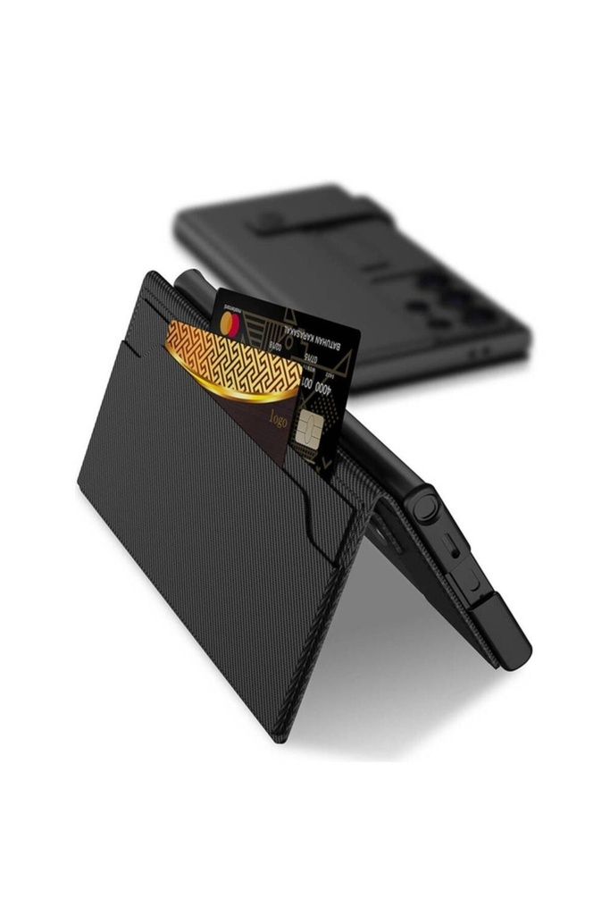 Samsung Galaxy S24 Ultra Uyumlu Zore Kıpta Standlı Kartlıklı Karbon Kapak