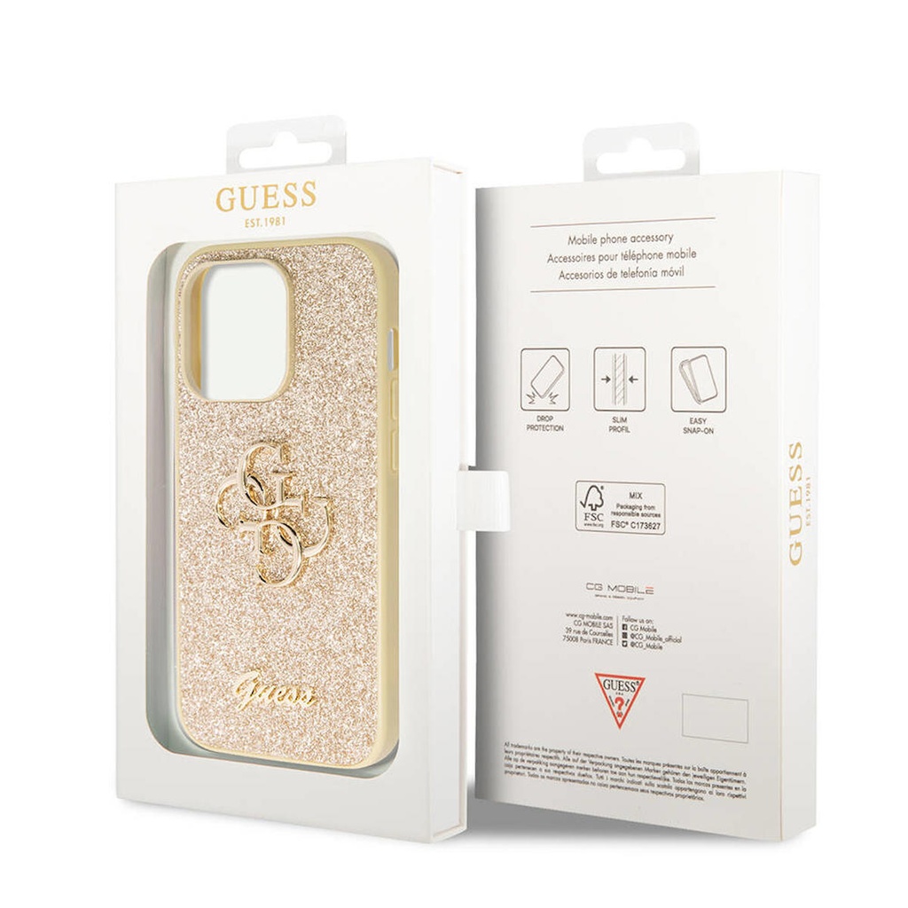 Apple iPhone 14 Pro Max Uyumlu Kılıf Guess Orjinal Lisanslı 4G Büyük Metal Logolu Glitter Kapak