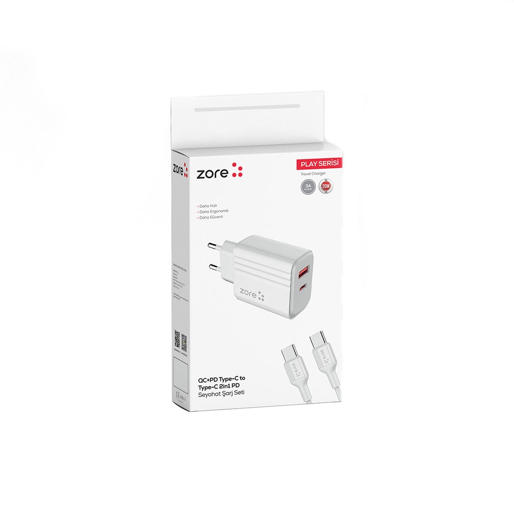 Zore Play Serisi PL3 Type-C to Type-C 2in1 PD Seyahat Şarj Aleti 20W - 5