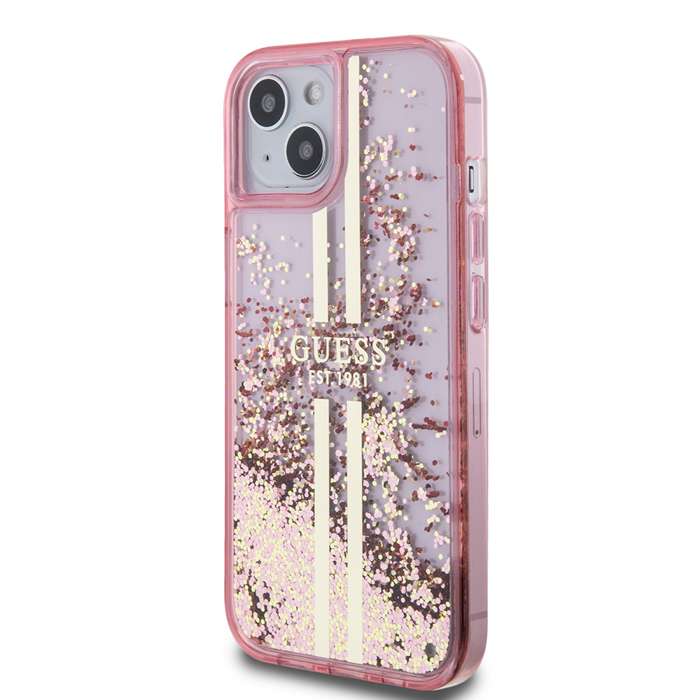 Apple iPhone 15 Uyumlu Kılıf Guess Orjinal Lisanslı Transparan Sıvılı Simli Altın Çizgili Kapak - 8