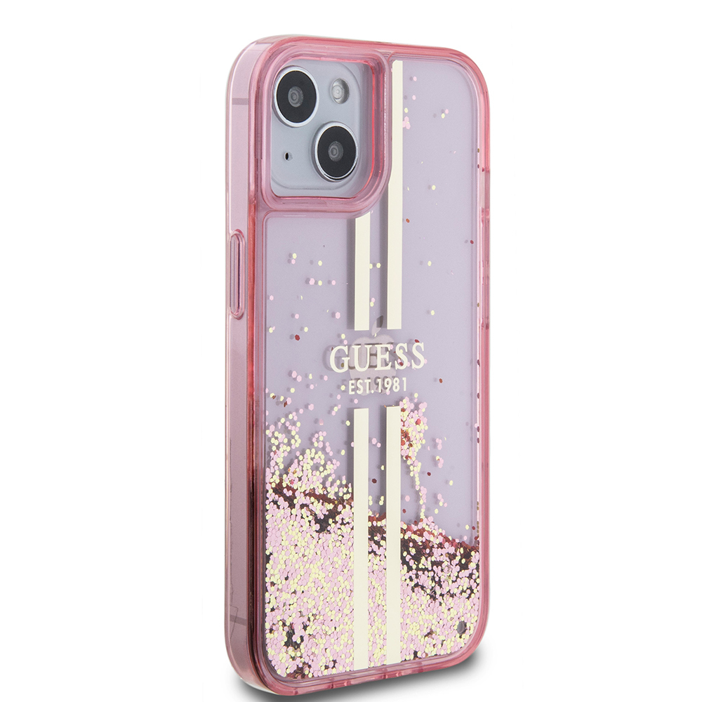 Apple iPhone 15 Uyumlu Kılıf Guess Orjinal Lisanslı Transparan Sıvılı Simli Altın Çizgili Kapak - 10