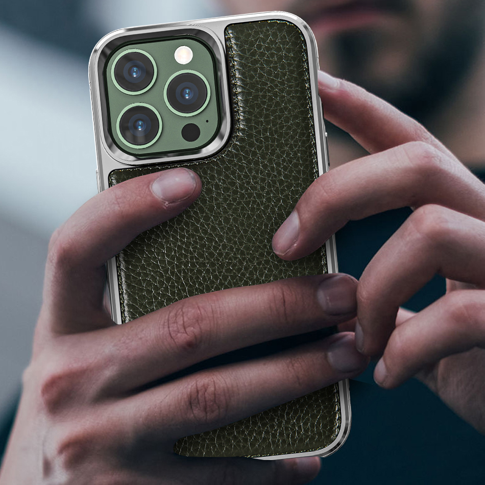 Apple iPhone 13 Uyumlu Kılıf Wiwu Genuine Leather Silver Calfskin Orjinal Deri Kapak - 5