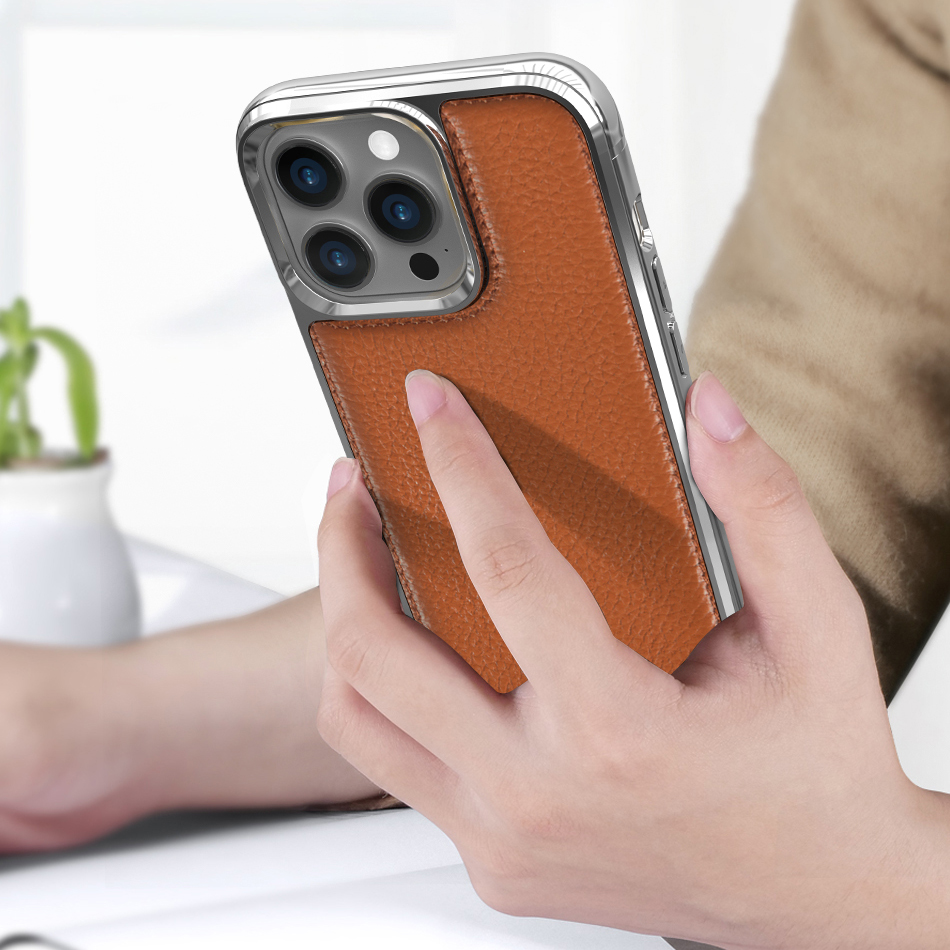Apple iPhone 13 Uyumlu Kılıf Wiwu Genuine Leather Silver Calfskin Orjinal Deri Kapak - 9