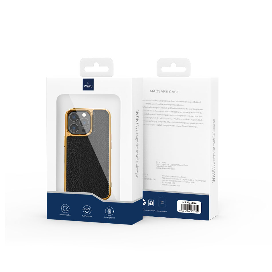 Apple iPhone 13 Pro Uyumlu Kılıf Wiwu Genuine Leather Gold Calfskin Orjinal Deri Kapak - 1