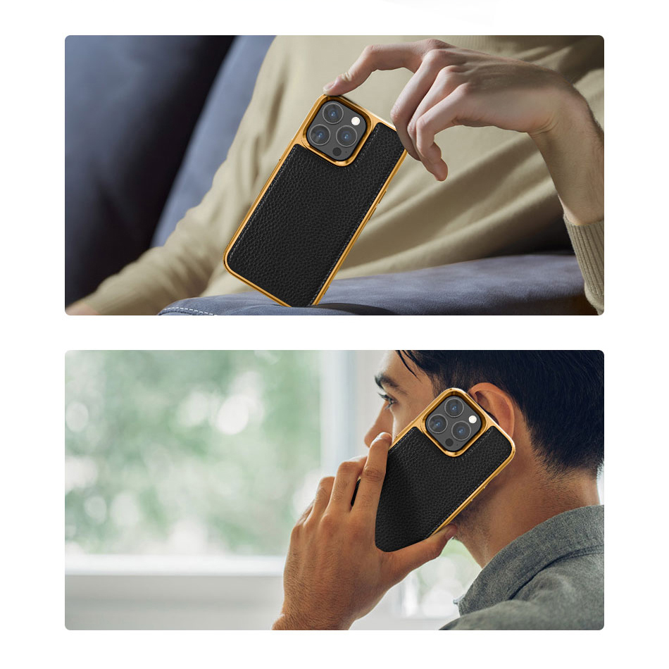 Apple iPhone 13 Pro Uyumlu Kılıf Wiwu Genuine Leather Gold Calfskin Orjinal Deri Kapak - 2