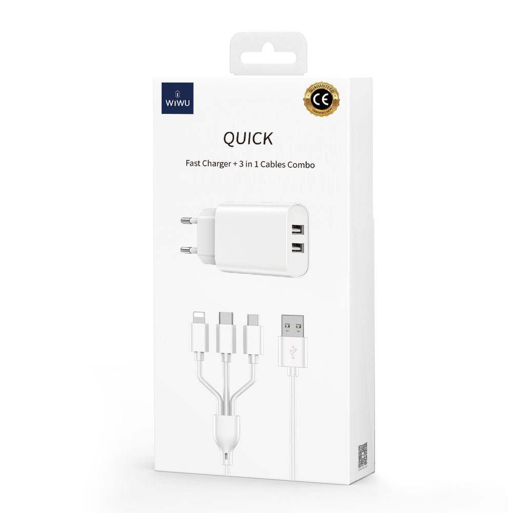 Wiwu Wi-U003 2.1A Çift USB Çıkışlı Hızlı Şarj Seti 3in1 Kablolu Type-C/Lightning/Micro - 1