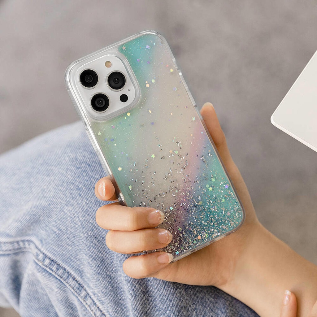 Apple iPhone 14 Pro Uyumlu Kılıf Parlayan Simli Şeffaf Lisanslı Switcheasy Starfield Kapak