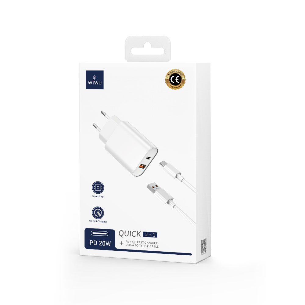 Wiwu Wi-U002 Quick Hızlı Şarj Başlığı USB-A to Type-C PD 20W Kablolu Şarj Seti - 1