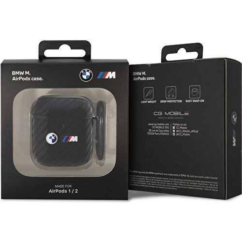 Apple Airpods Uyumlu Kılıf BMW Orjinal Lisanslı PU Karbon Fiber Tasarımlı Çift Metal Logolu Kapak