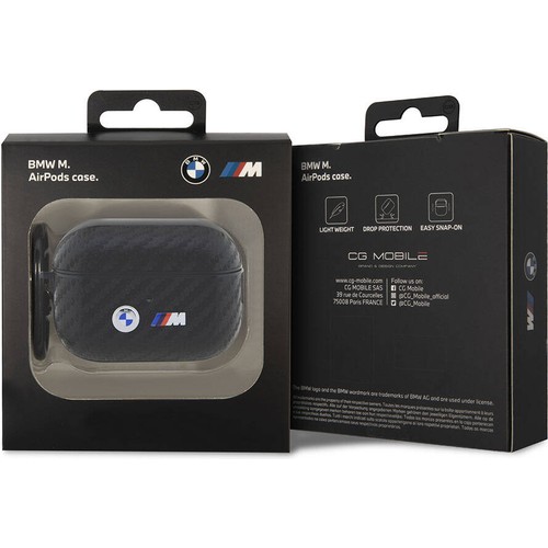 Apple Airpods Pro 2 Uyumlu Kılıf BMW Orjinal Lisanslı PU Karbon Fiber Tasarımlı Çift Metal Logolu Kapak