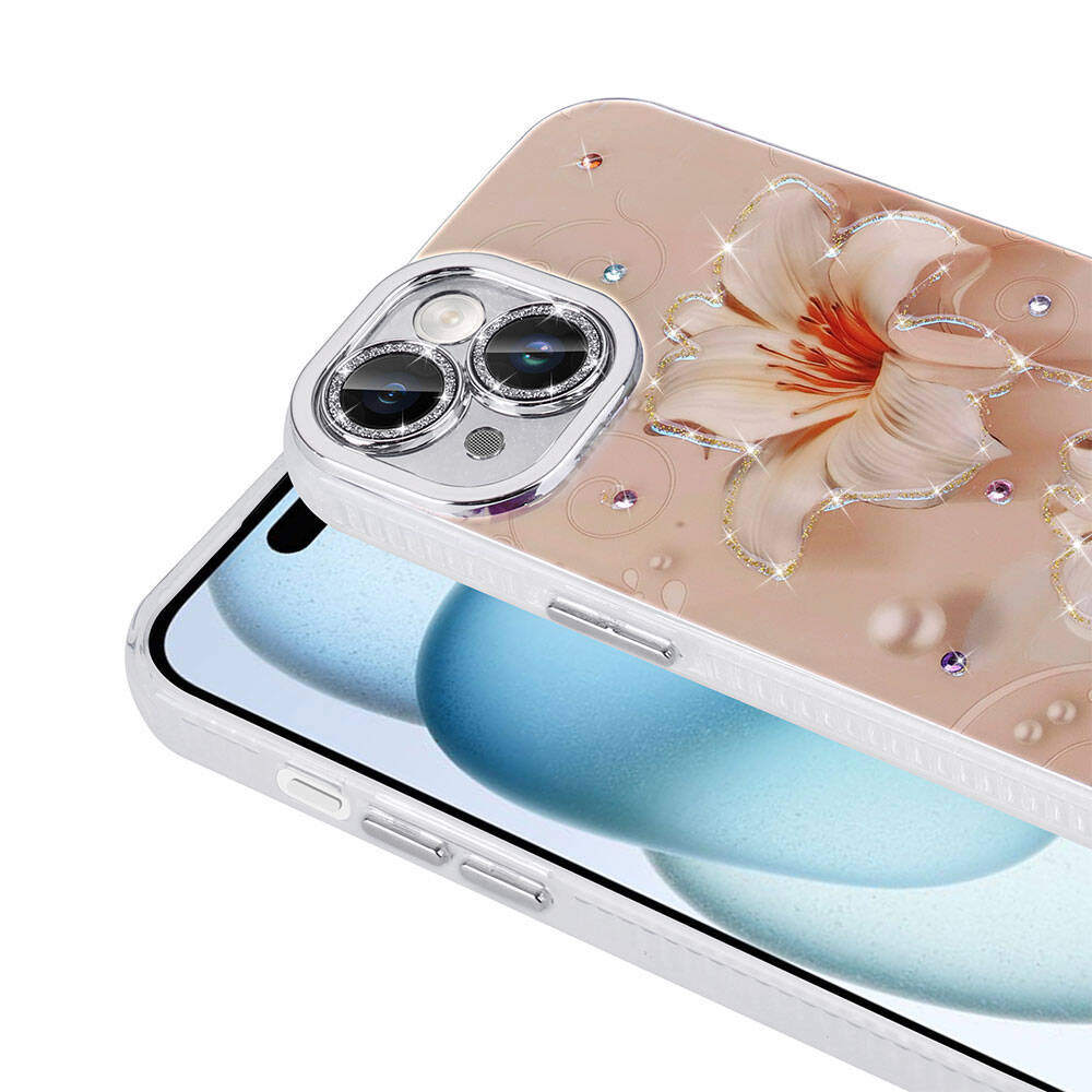 Apple iPhone 14 Uyumlu Kılıf Çiçek Desenli Parlak Taşlı Sert Silikon Zore Garden Kapak - 9