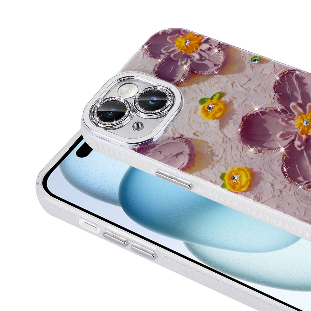 Apple iPhone 15 Uyumlu Kılıf Çiçek Desenli Parlak Taşlı Sert Silikon Zore Garden Kapak - 1