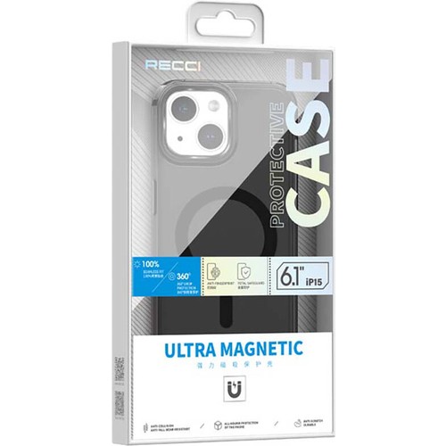 Apple iPhone 15 Uyumlu Kılıf Magsafe Şarj Özellikli Saydam Arka Yüzey Recci Crystal Color Serisi Kapak