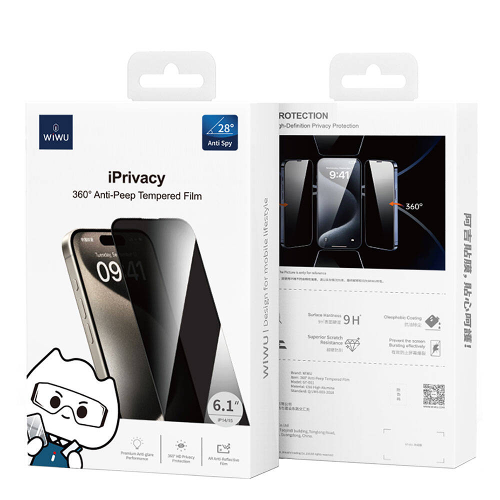 Apple iPhone 15 Plus Uyumlu Wiwu GT-011 Anti-Bakteriyel Özellikli Polimer Oleofobik Kaplama Temperli Privacy Cam Ekran Koruyucu - 2