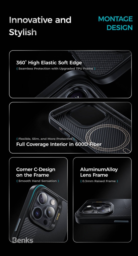 Apple iPhone 15 Pro Max Uyumlu Kılıf Magsafe Şarj Özellikli Karbon Fiber Benks Montage Hybrid Armor Pro 600D Kevlar Kapak - 15