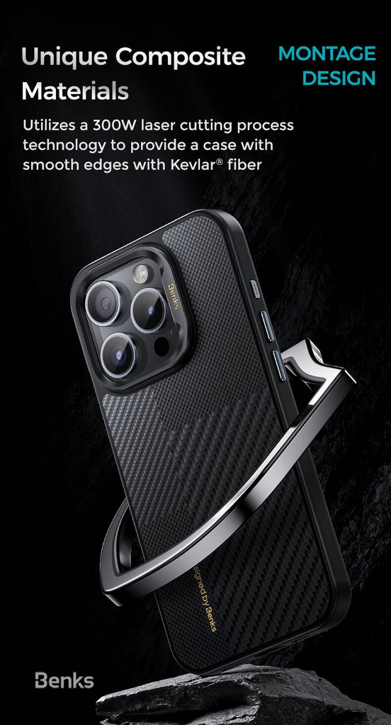 Apple iPhone 15 Pro Max Uyumlu Kılıf Magsafe Şarj Özellikli Karbon Fiber Benks Montage Hybrid Armor Pro 600D Kevlar Kapak - 18