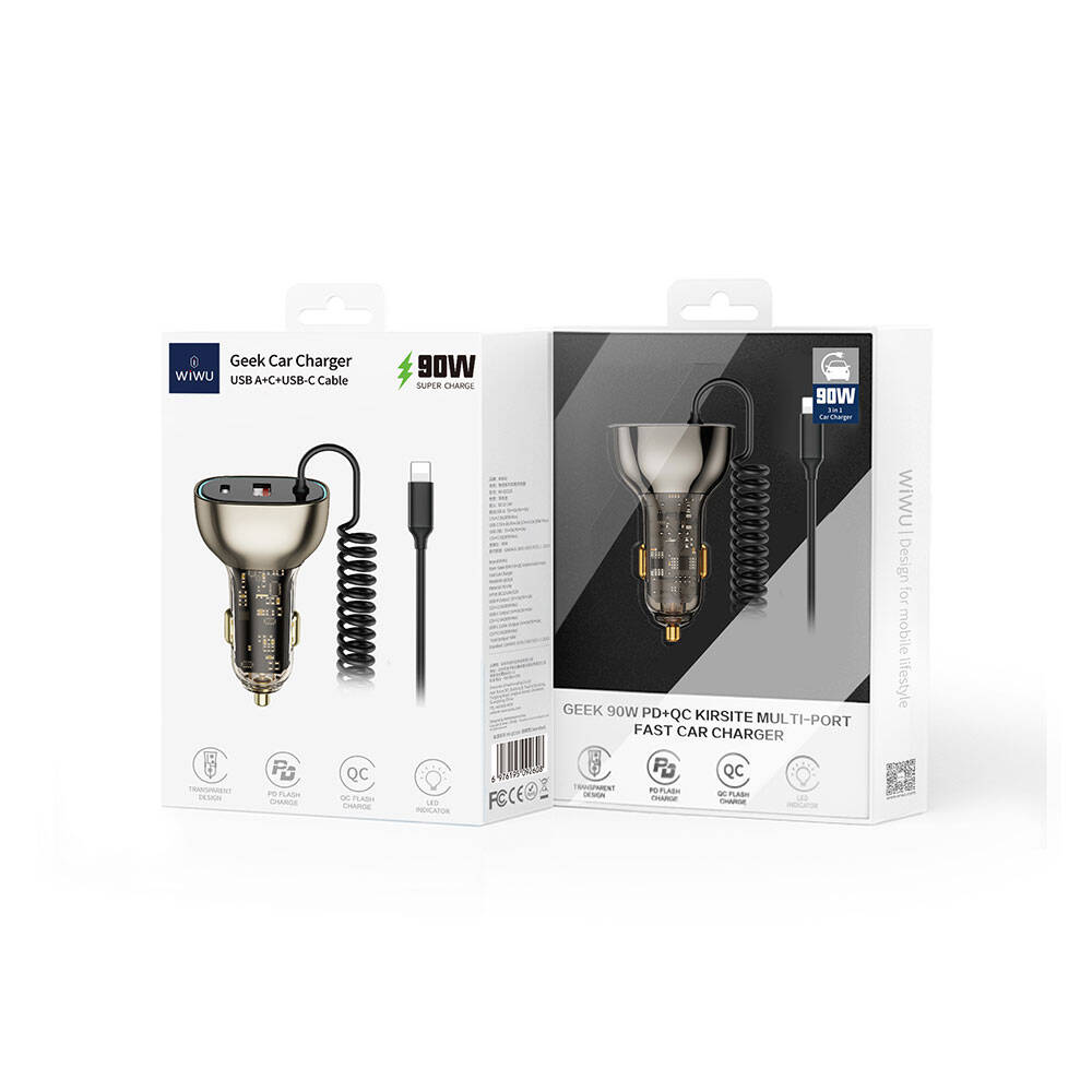 Wiwu Wi-QC019 Geek Serisi Type-C + Lightning Kablolu + USB-A Hızlı Şarj Özellikli Transparan Tasarımlı Araç Şarj Aleti 90W - 5