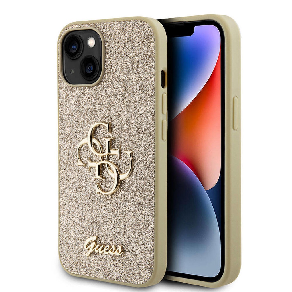 Apple iPhone 15 Uyumlu Kılıf Guess Orjinal Lisanslı 4G Büyük Metal Logolu Glitter Kapak