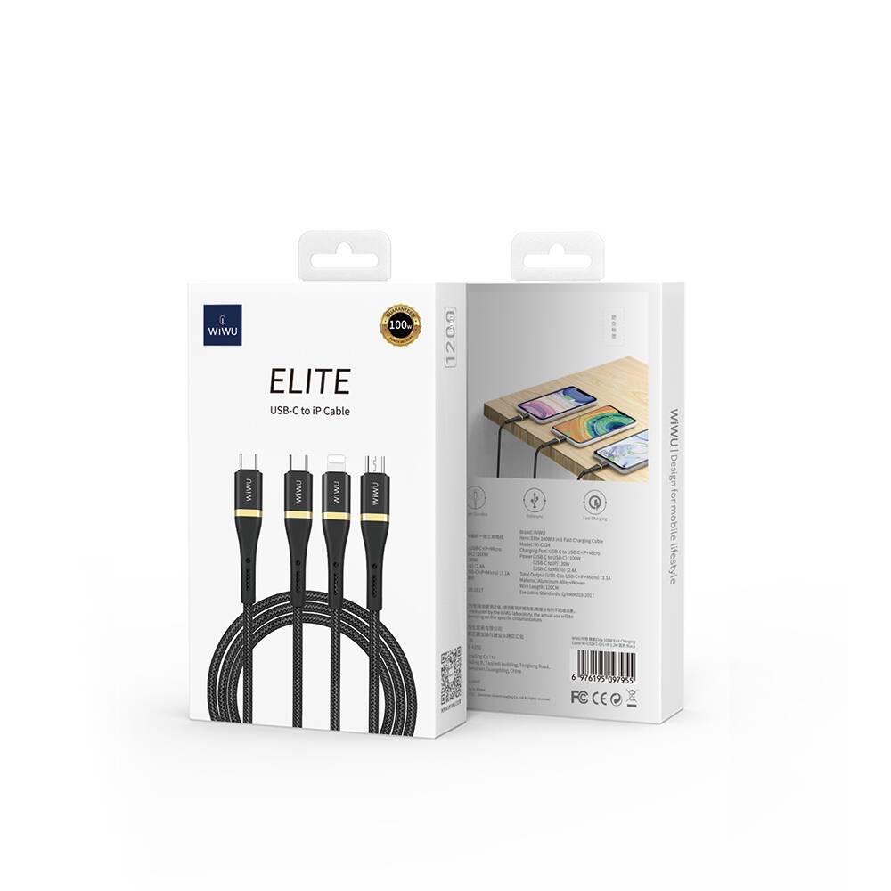 Wiwu Wi-C024 Elite Serisi 3in1 Type-C to Lightning – Type-C – Micro USB Ultra Hızlı Şarj Kablosu 100W 1.2M - 1