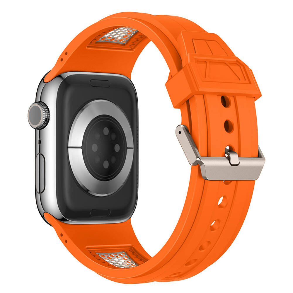 Apple Watch 44mm Uyumlu Kordon Zore KRD-117 Hava Alabilen Delikli Metal Süslemeli Desenli Silikon Kayış - 1