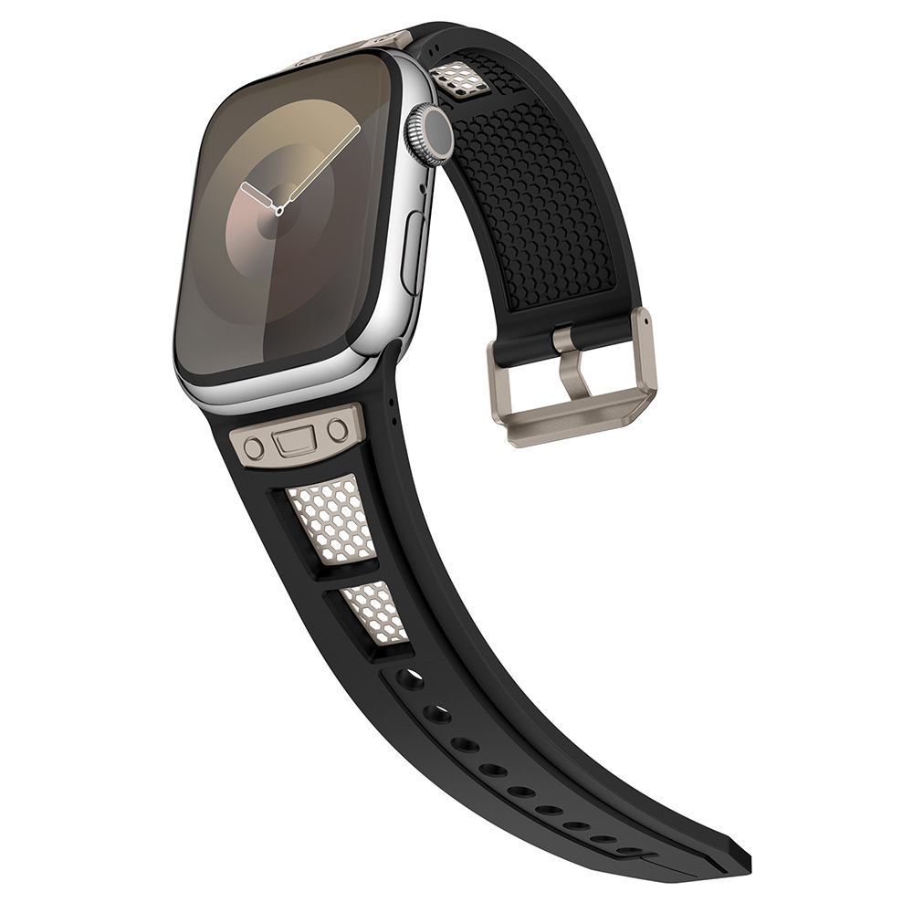 Apple Watch Ultra 49mm Uyumlu Kordon Zore KRD-117 Hava Alabilen Delikli Metal Süslemeli Desenli Silikon Kayış - 9