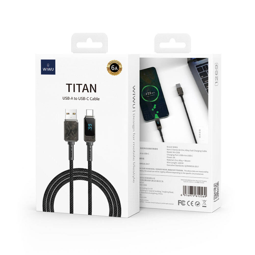 Wiwu Wi-C038 Titan Serisi USB-A to Type-C PD 6A 66W LED Dijital Göstergeli Şarj ve Data Kablosu 1.2M - 5