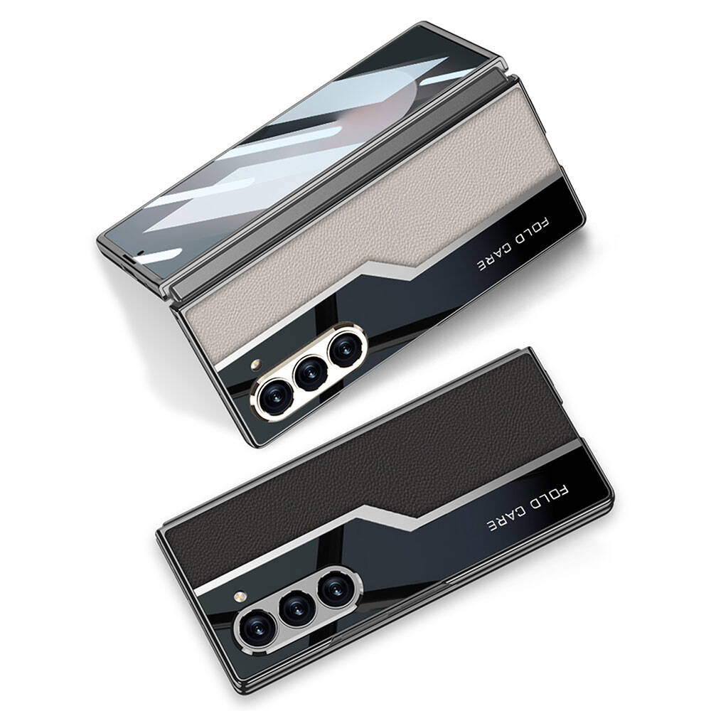 Samsung Galaxy Z Fold 6 Uyumlu Kılıf Ultra İnce Kamera Korumalı PC + Deri Arka Yüzey Zore Kıpta Poligan Kapak - 4