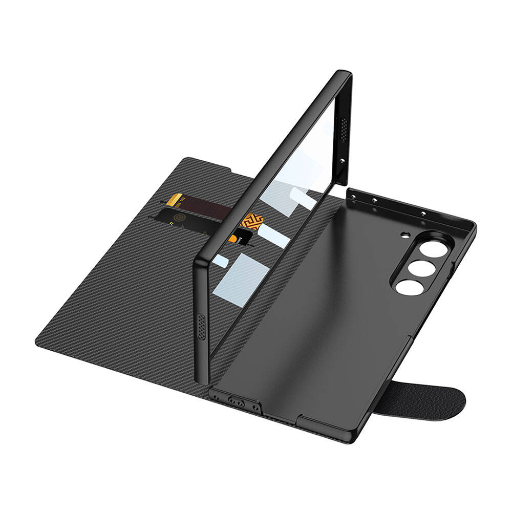 Samsung Galaxy Z Fold 6 Uyumlu Kılıf Karbon Fiber Tasarımlı Magnetik Tokalı Kartlıklı Zore Kıpta Zegna Kapak - 2