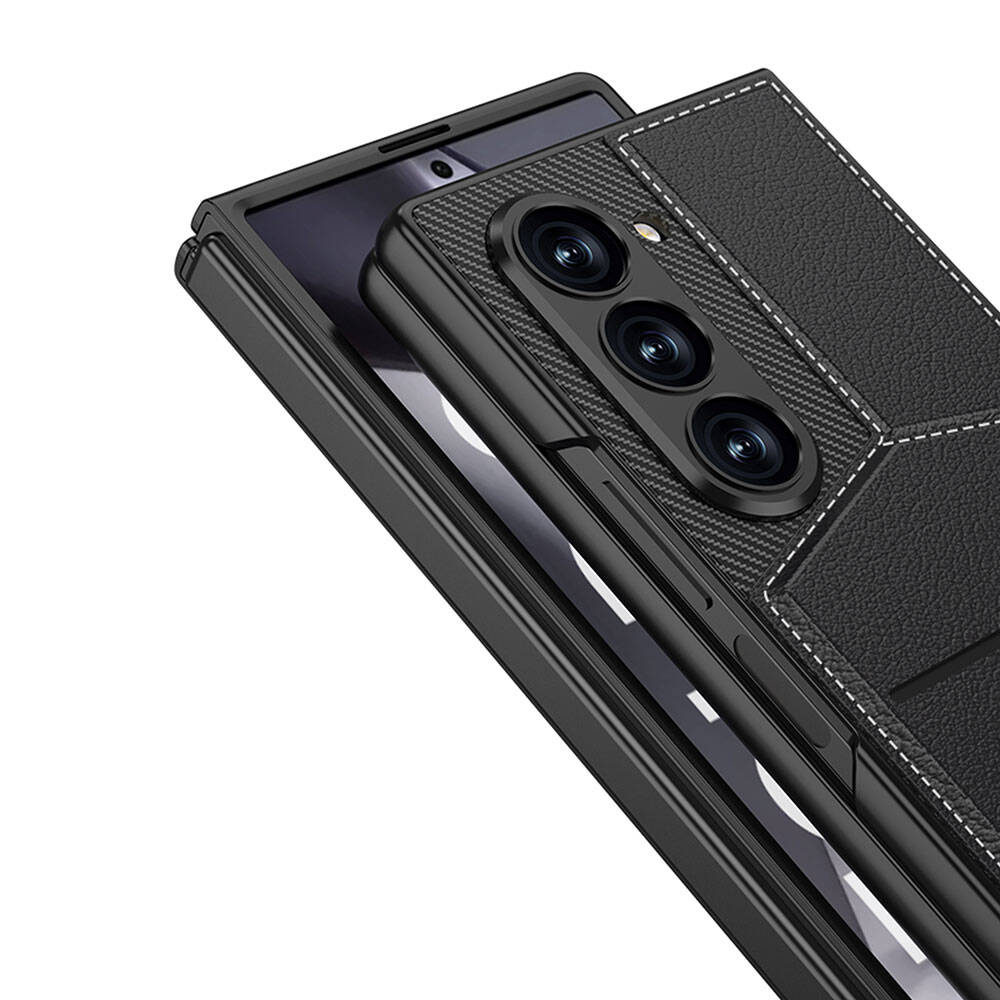 Samsung Galaxy Z Fold 6 Uyumlu Kılıf Karbon Fiber Deri Kartlıklı Zore Kıpta Dik Açılan Kartlıklı Kapak - 1