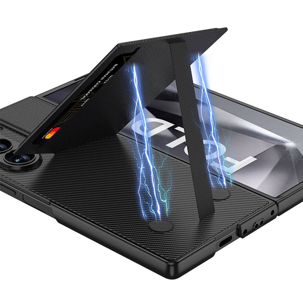Samsung Galaxy Z Fold 6 Uyumlu Kılıf Karbon Fiber Deri Kartlıklı Zore Kıpta Dik Açılan Kartlıklı Kapak - 4