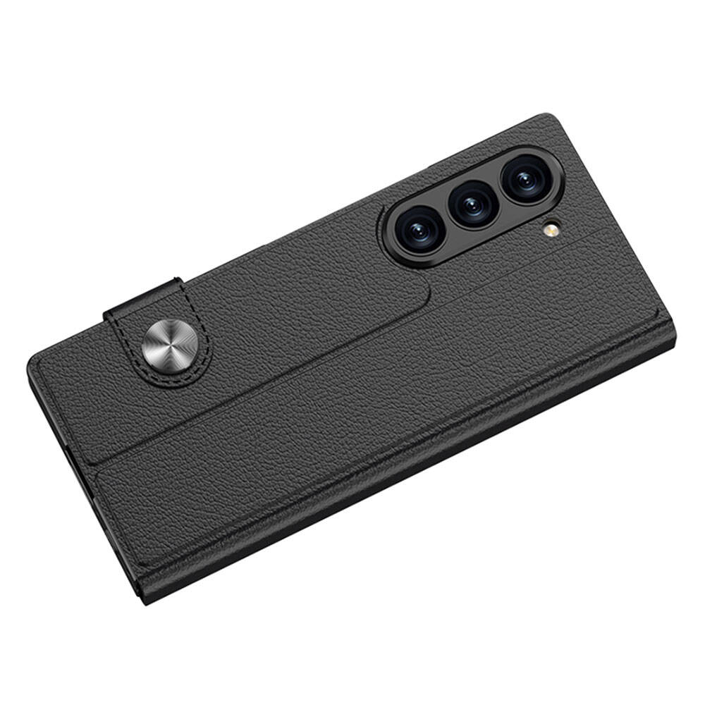 Samsung Galaxy Z Fold 6 Uyumlu Kılıf Suni Deri Tasarımlı Magnetik Tokalı ve Kartlıklı Zore Kıpta Zegna Kapak - 1