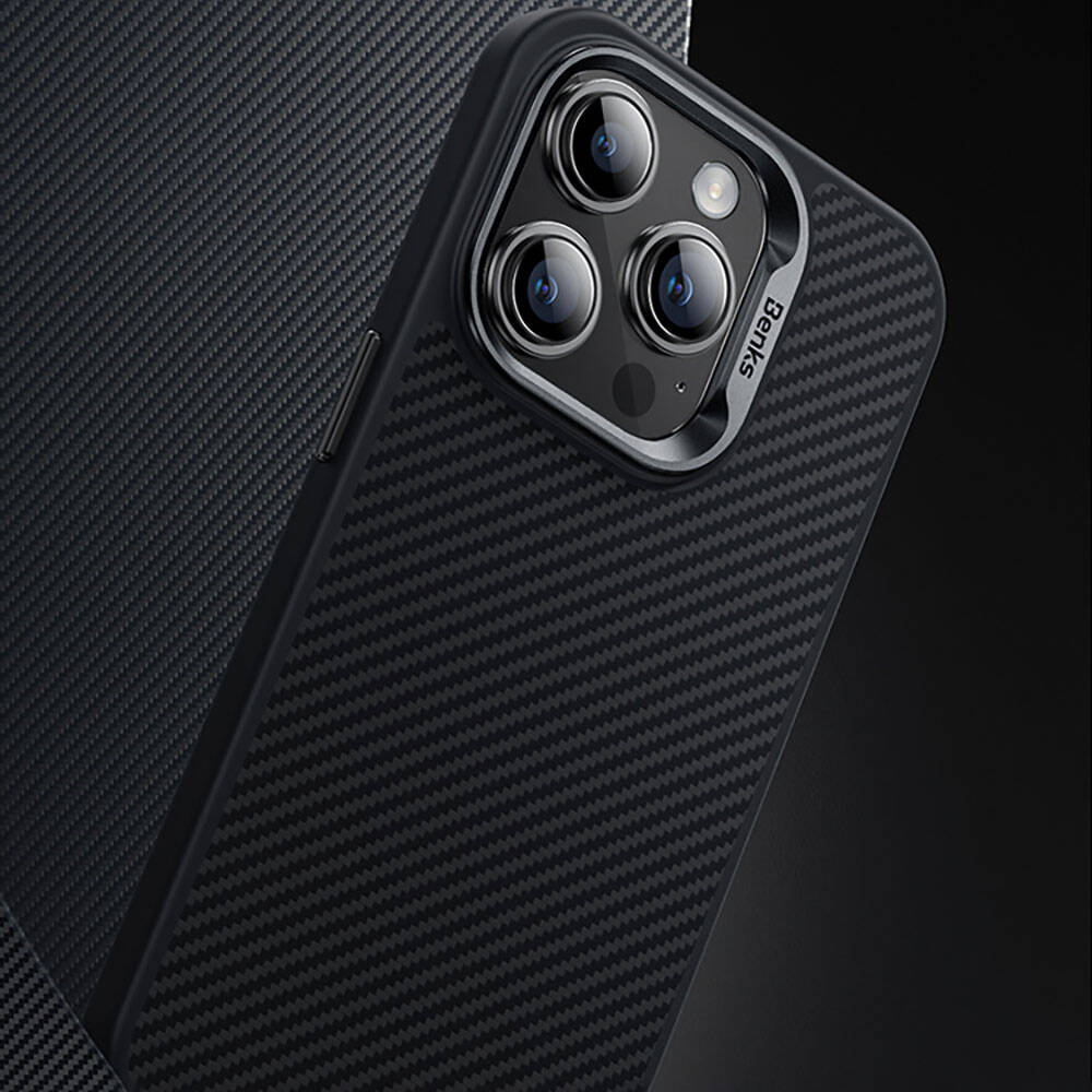 Apple iPhone 14 Pro Max Uyumlu Kılıf Karbon Fiber Magsafe Şarj Özellikli Benks Hybrid ArmorPro 600D Kevlar Kapak - 7