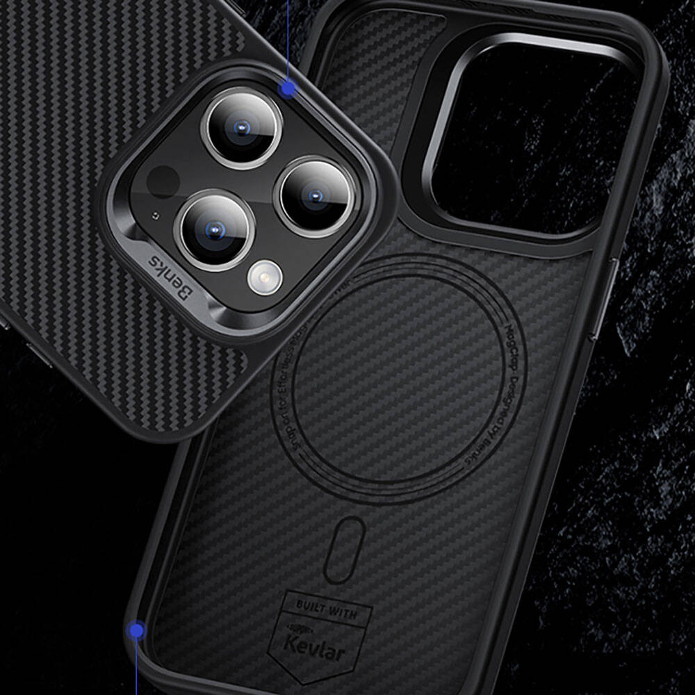 Apple iPhone 14 Pro Max Uyumlu Kılıf Karbon Fiber Magsafe Şarj Özellikli Benks Hybrid ArmorPro 600D Kevlar Kapak - 10