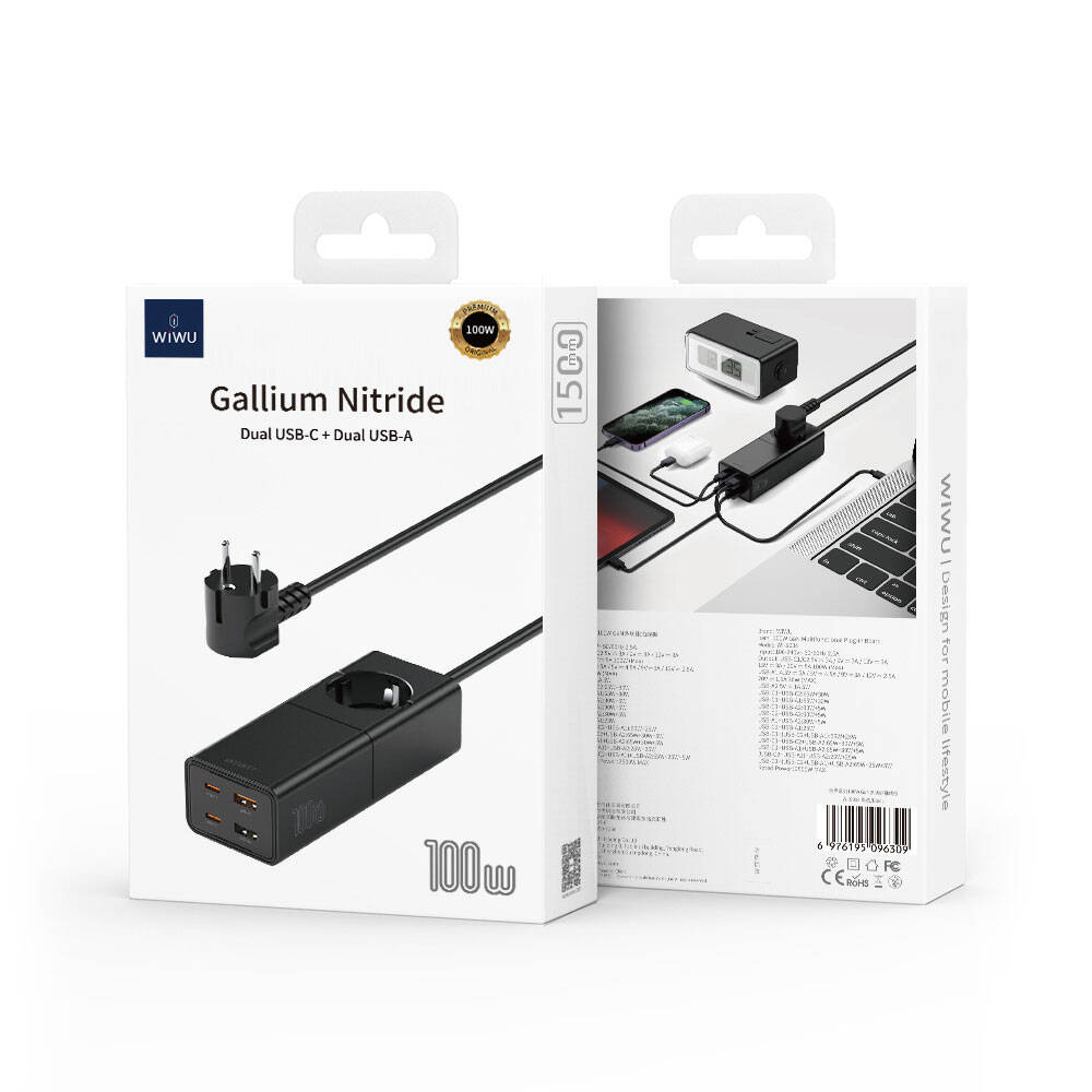 Wiwu Wi-S004 GaN Tech Çift Type-C ve Çift USB-A Girişli Priz 100W 150cm - 6