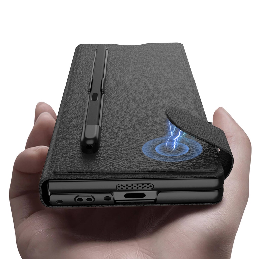 Samsung Galaxy Z Fold 6 Uyumlu Suni Deri Tasarımlı Kalem Bölmeli Zore Kıpta Kartlıklı Standlı Kapak - 2