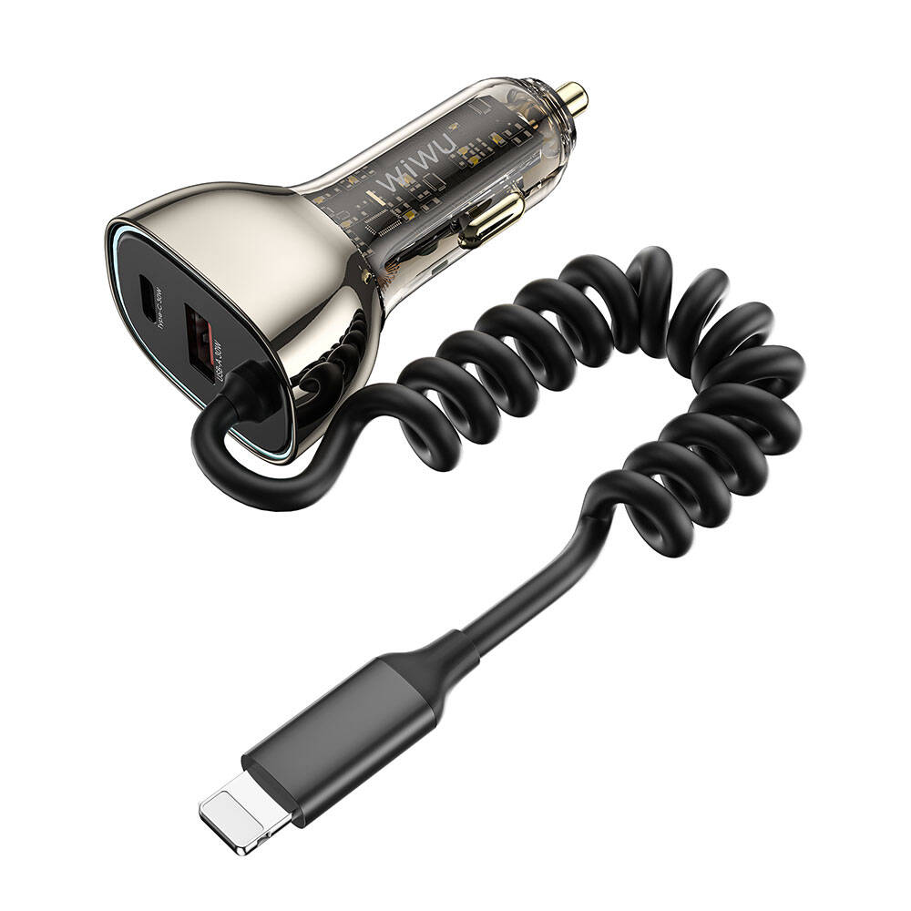 Wiwu Wi-QC019 Geek Serisi Type-C + Lightning Kablolu + USB-A Hızlı Şarj Özellikli Transparan Tasarımlı Araç Şarj Aleti 90W - 2