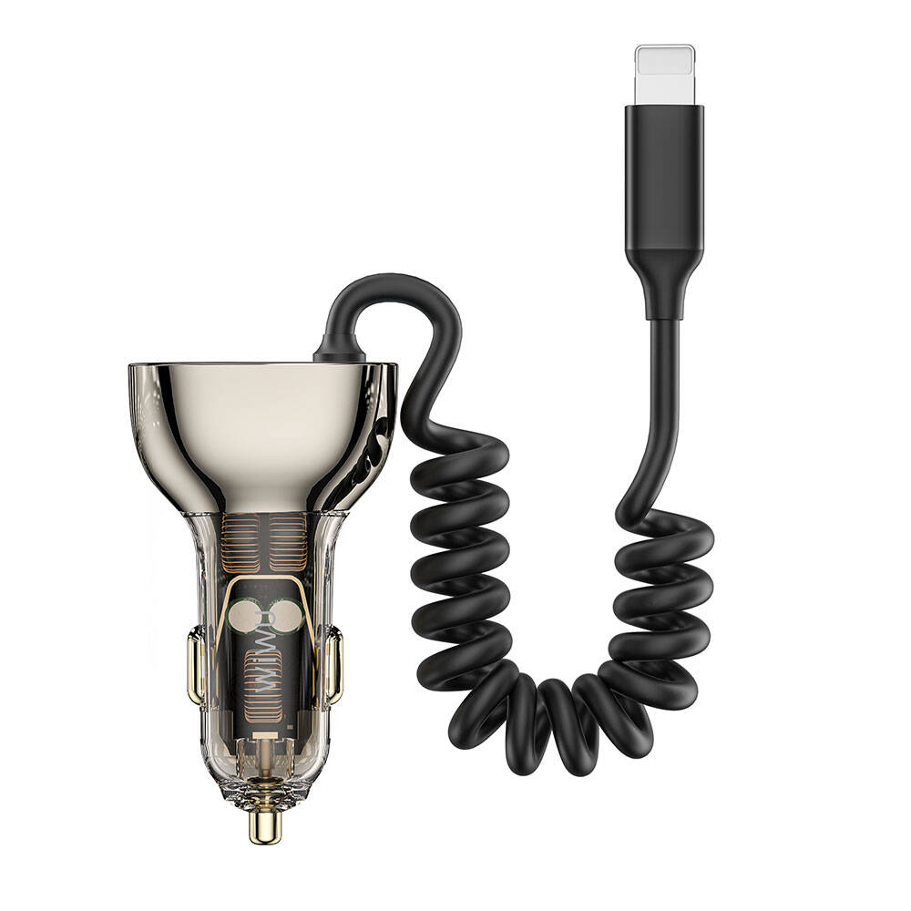 Wiwu Wi-QC019 Geek Serisi Type-C + Lightning Kablolu + USB-A Hızlı Şarj Özellikli Transparan Tasarımlı Araç Şarj Aleti 90W - 4