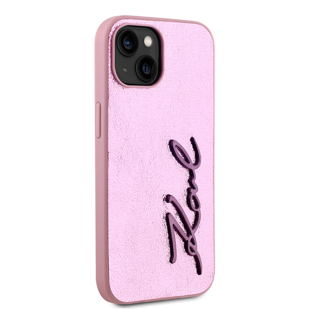 Apple iPhone 15 Uyumlu Kılıf Karl Lagerfeld Orjinal Lisanslı 3D KL Yazılı Tüylü Arka Yüzey Saffiano Rhinestones Kapak - 3