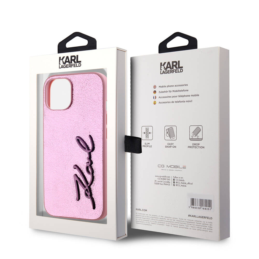 Apple iPhone 15 Uyumlu Kılıf Karl Lagerfeld Orjinal Lisanslı 3D KL Yazılı Tüylü Arka Yüzey Saffiano Rhinestones Kapak - 7