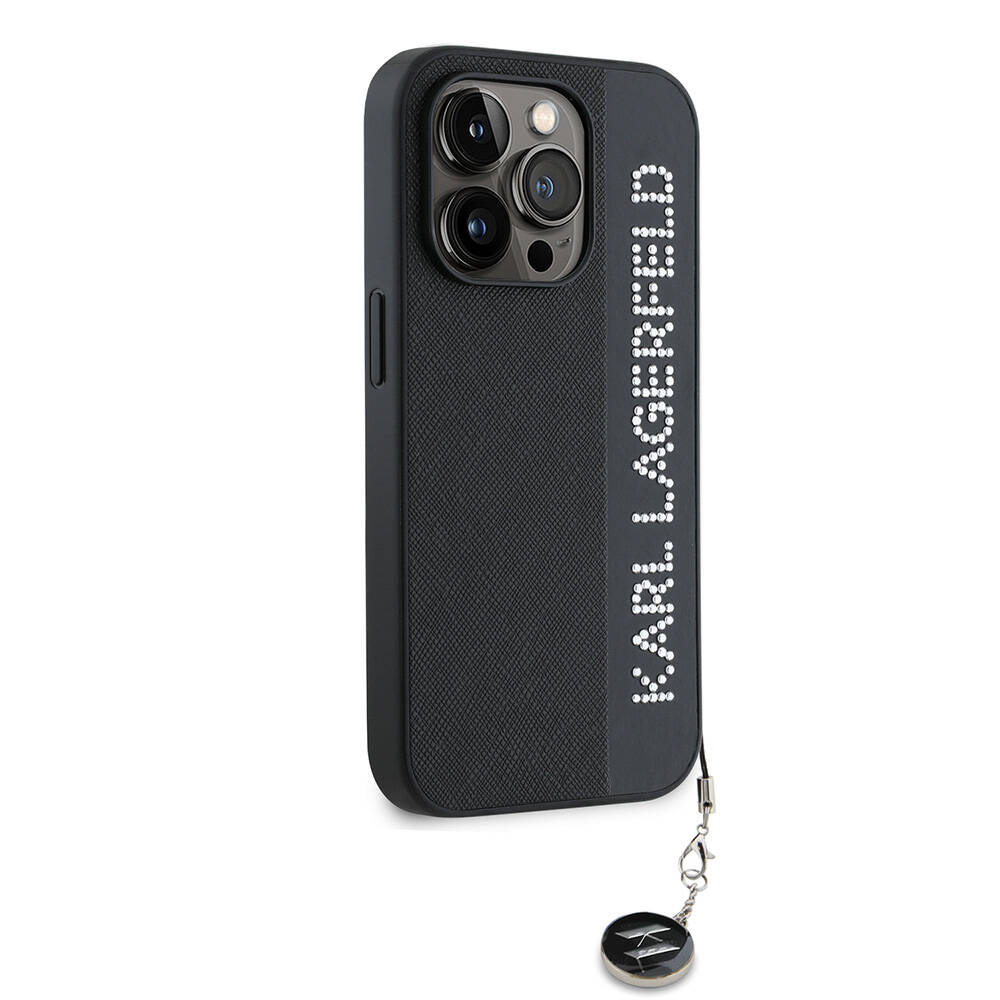 Apple iPhone 15 Pro Max Uyumlu Kılıf Karl Lagerfeld Orjinal Lisanslı Anahtarlıklı Taşlı KL Yazılı Saffiano Rhinestones Kapak - 2