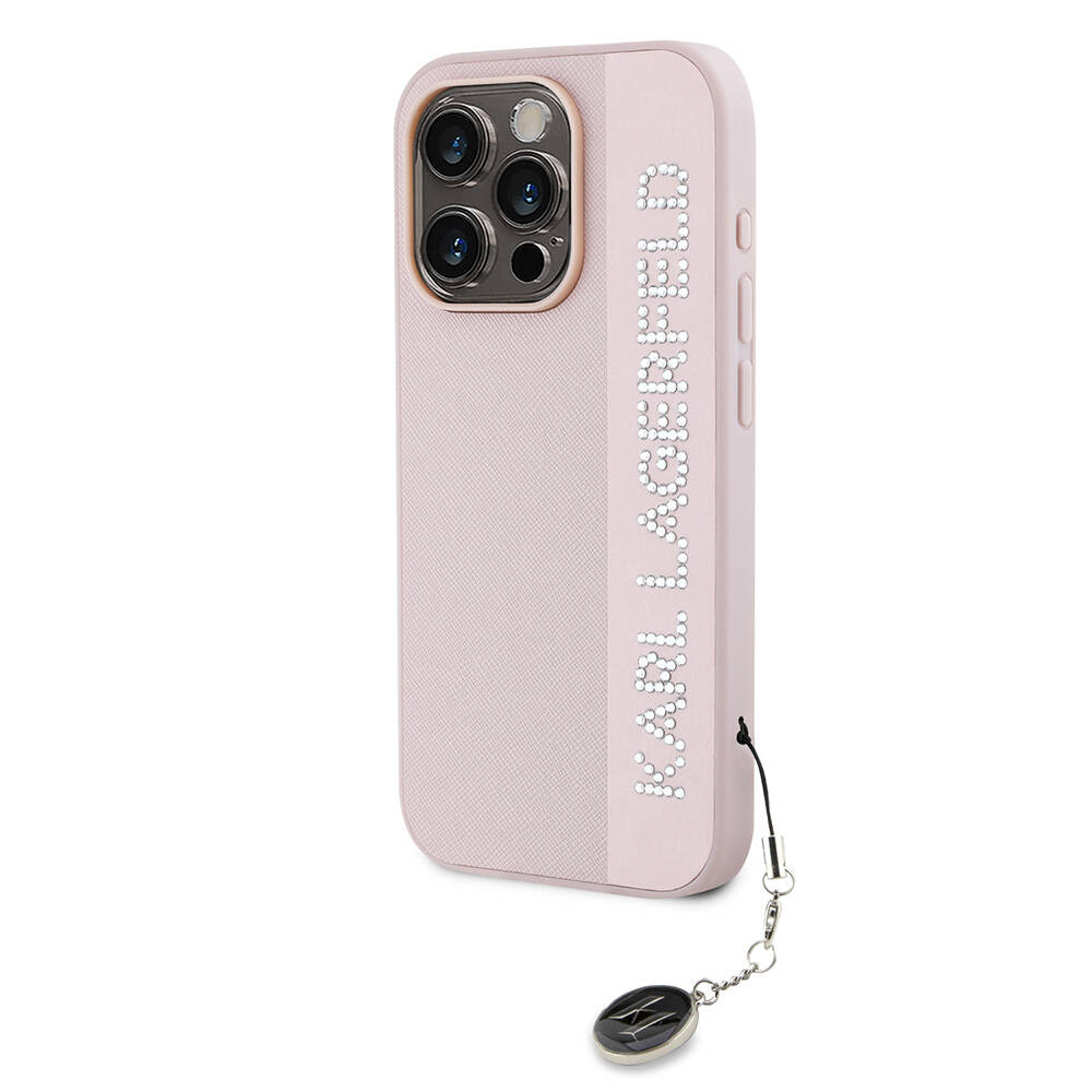 Apple iPhone 15 Pro Max Uyumlu Kılıf Karl Lagerfeld Orjinal Lisanslı Anahtarlıklı Taşlı KL Yazılı Saffiano Rhinestones Kapak - 4