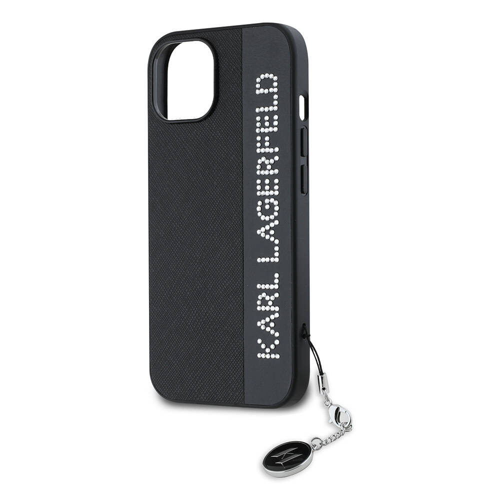 Apple iPhone 14 Uyumlu Kılıf Karl Lagerfeld Orjinal Lisanslı Anahtarlıklı Taşlı KL Yazılı Saffiano Rhinestones Kapak - 5