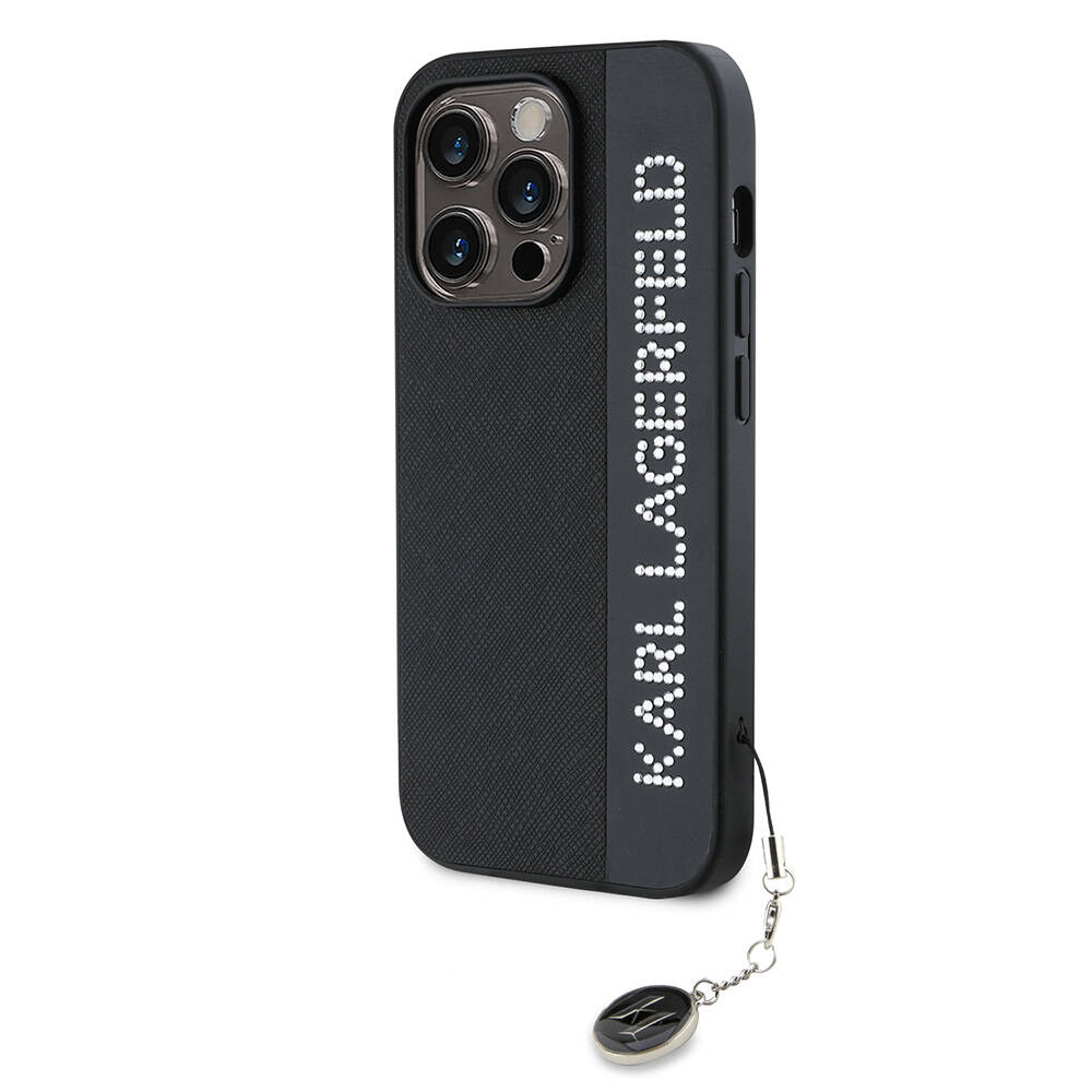 Apple iPhone 14 Pro Max Uyumlu Kılıf Karl Lagerfeld Orjinal Lisanslı Anahtarlıklı Taşlı KL Yazılı Saffiano Rhinestones Kapak - 6