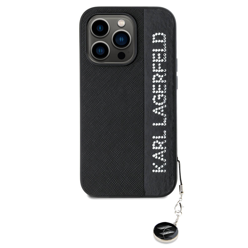 Apple iPhone 14 Pro Max Uyumlu Kılıf Karl Lagerfeld Orjinal Lisanslı Anahtarlıklı Taşlı KL Yazılı Saffiano Rhinestones Kapak - 7