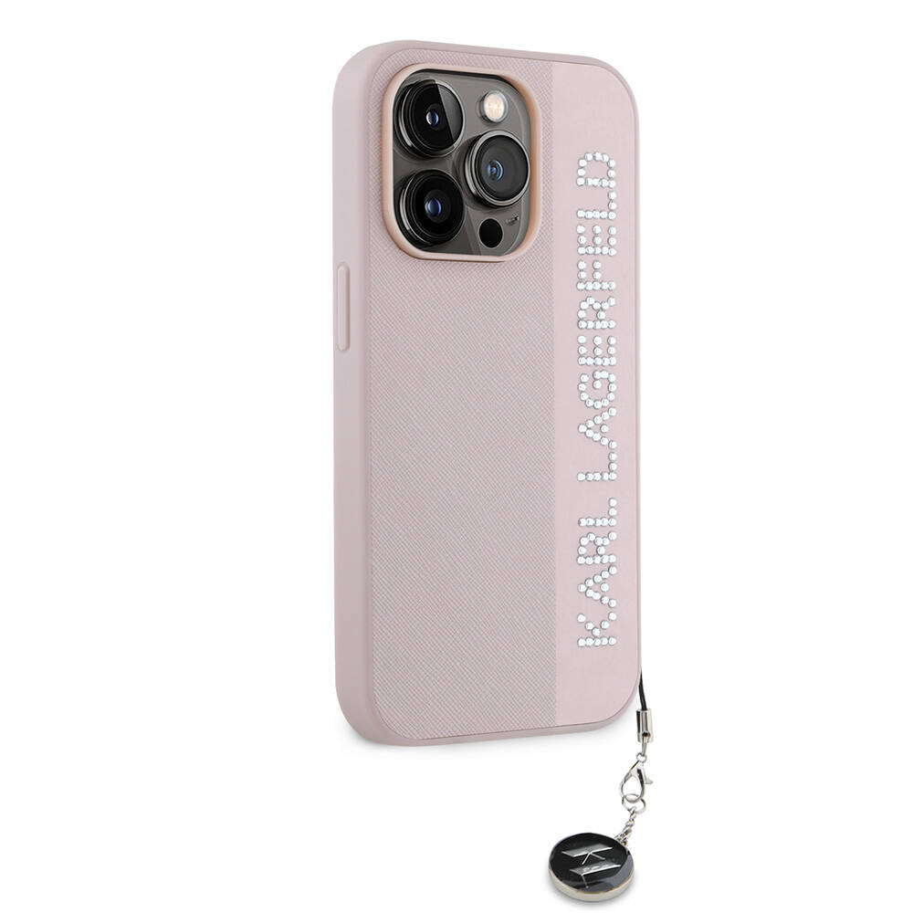 Apple iPhone 14 Pro Max Uyumlu Kılıf Karl Lagerfeld Orjinal Lisanslı Anahtarlıklı Taşlı KL Yazılı Saffiano Rhinestones Kapak - 8