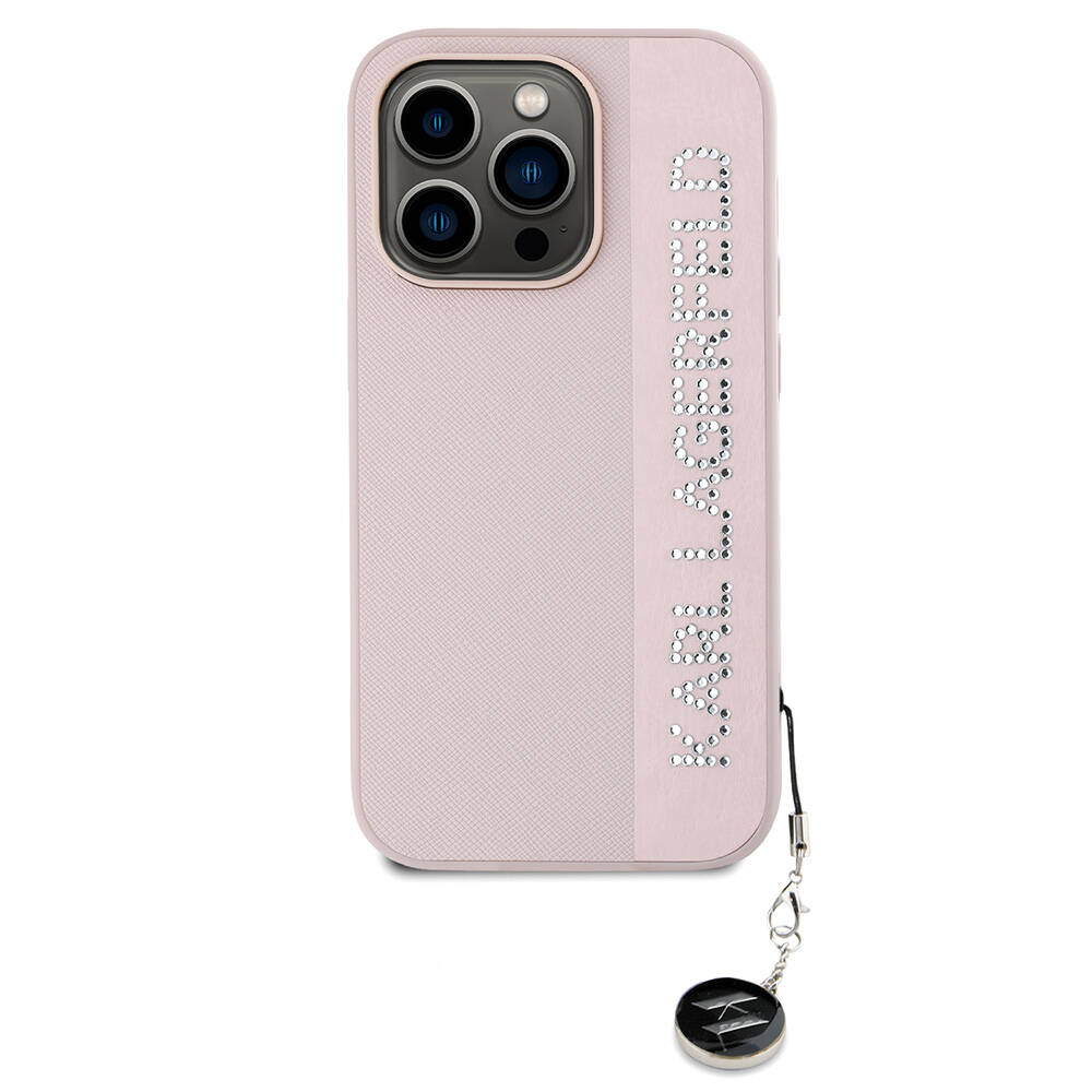 Apple iPhone 14 Pro Max Uyumlu Kılıf Karl Lagerfeld Orjinal Lisanslı Anahtarlıklı Taşlı KL Yazılı Saffiano Rhinestones Kapak - 10