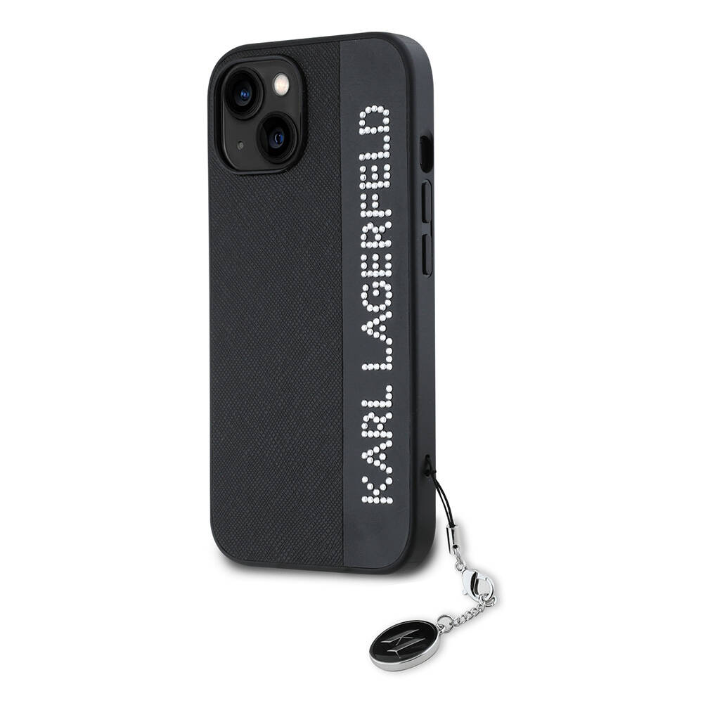 Apple iPhone 15 Uyumlu Kılıf Karl Lagerfeld Orjinal Lisanslı Anahtarlıklı Taşlı KL Yazılı Saffiano Rhinestones Kapak - 1
