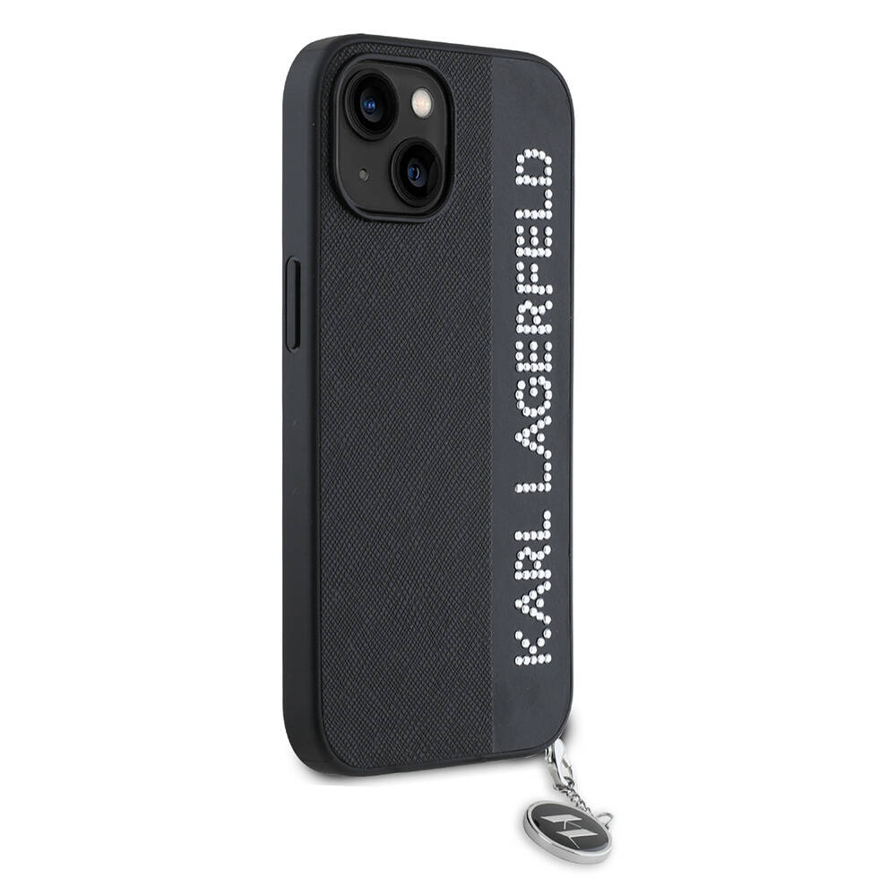 Apple iPhone 15 Uyumlu Kılıf Karl Lagerfeld Orjinal Lisanslı Anahtarlıklı Taşlı KL Yazılı Saffiano Rhinestones Kapak - 3