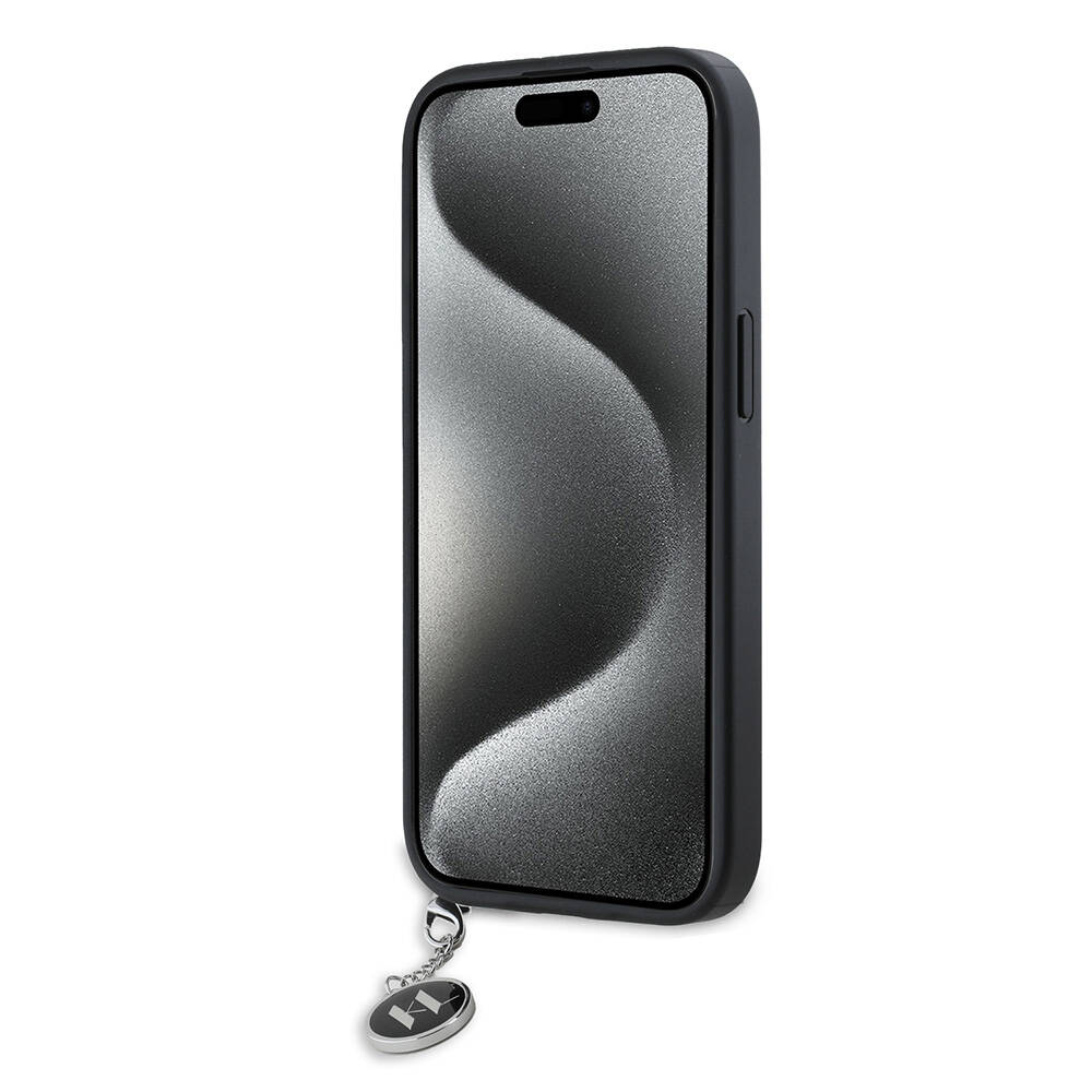 Apple iPhone 15 Uyumlu Kılıf Karl Lagerfeld Orjinal Lisanslı Anahtarlıklı Taşlı KL Yazılı Saffiano Rhinestones Kapak - 4
